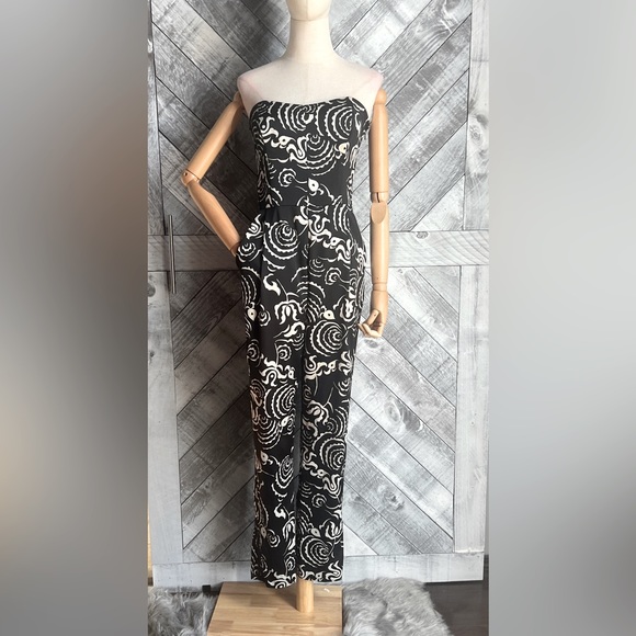 RACHEL ROY BLACK AND IVORY SATIN STRAPLESS JUMPSUIT - Picture 2 of 10